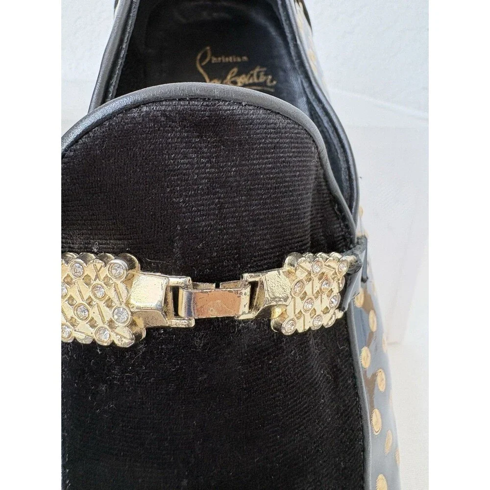 Christian Louboutin Men’s Equiswing EU 40 Loafers Patent Black Velvet Gold Dots